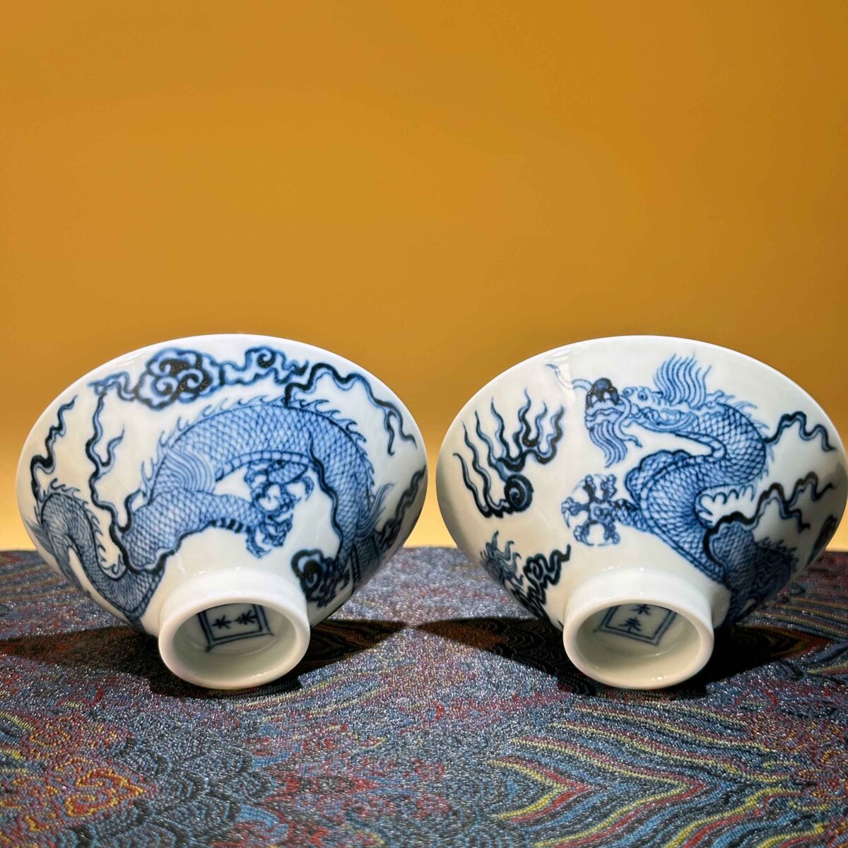 Blue and White Cloud Dragon Pair of Cups