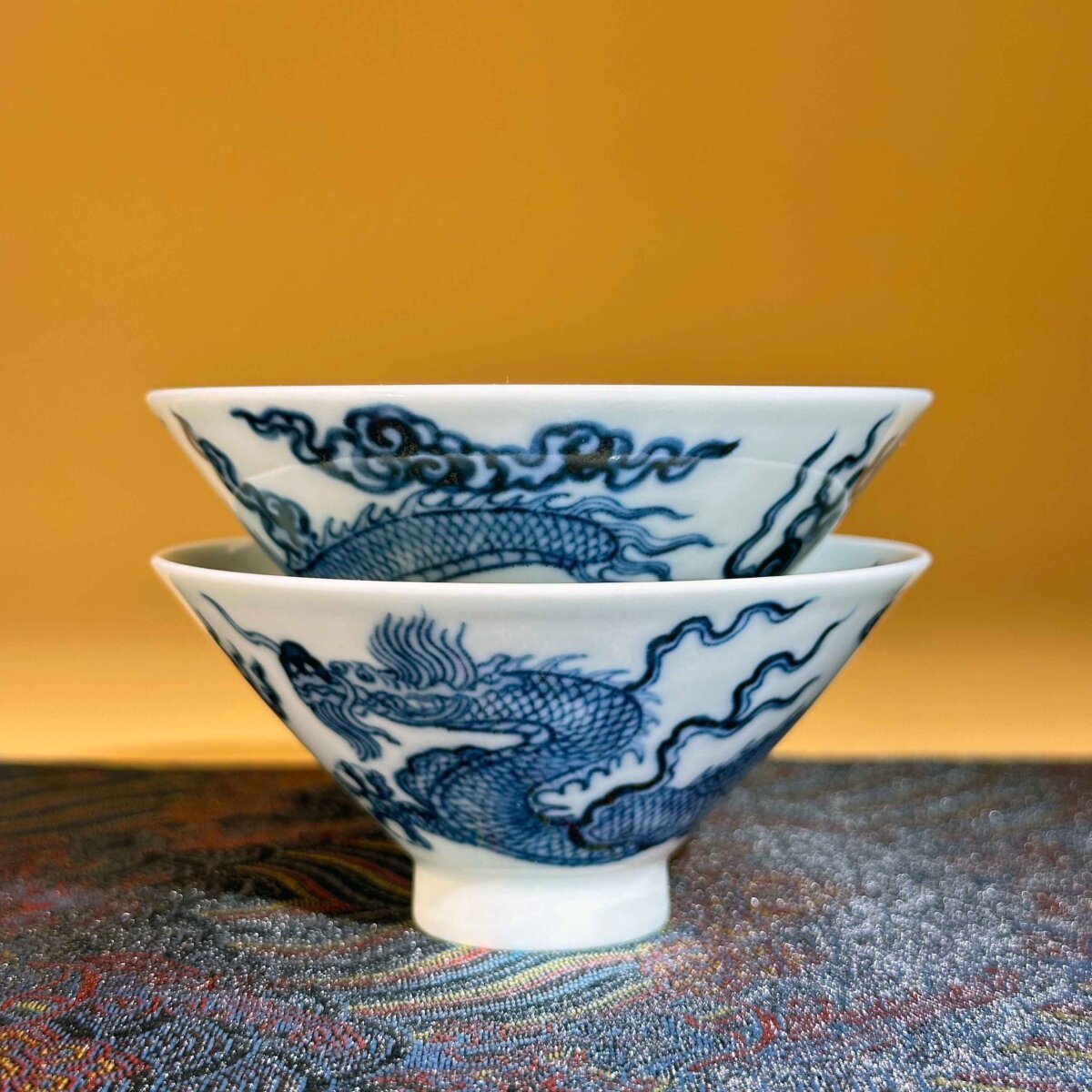 Blue and White Cloud Dragon Pair of Cups