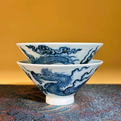 Blue and White Cloud Dragon Pair of Cups