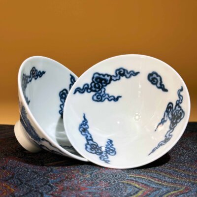 Blue and White Cloud Dragon Pair of Cups