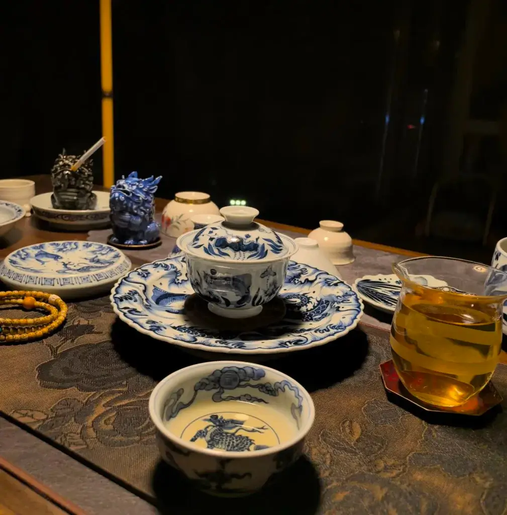 Traditional Chinese tea setup with handmade porcelain