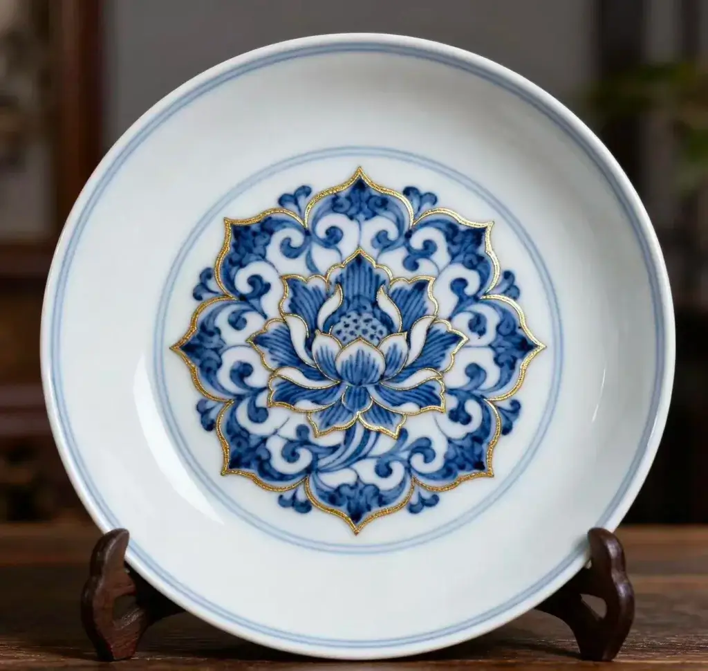 High-quality Chinese porcelain plate with blue and white lotus and gold outline details