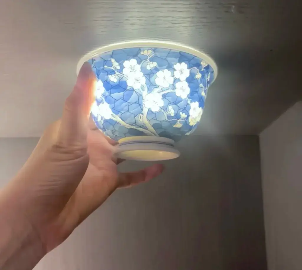 Translucent high-quality Chinese porcelain cup showing plum blossom design under light