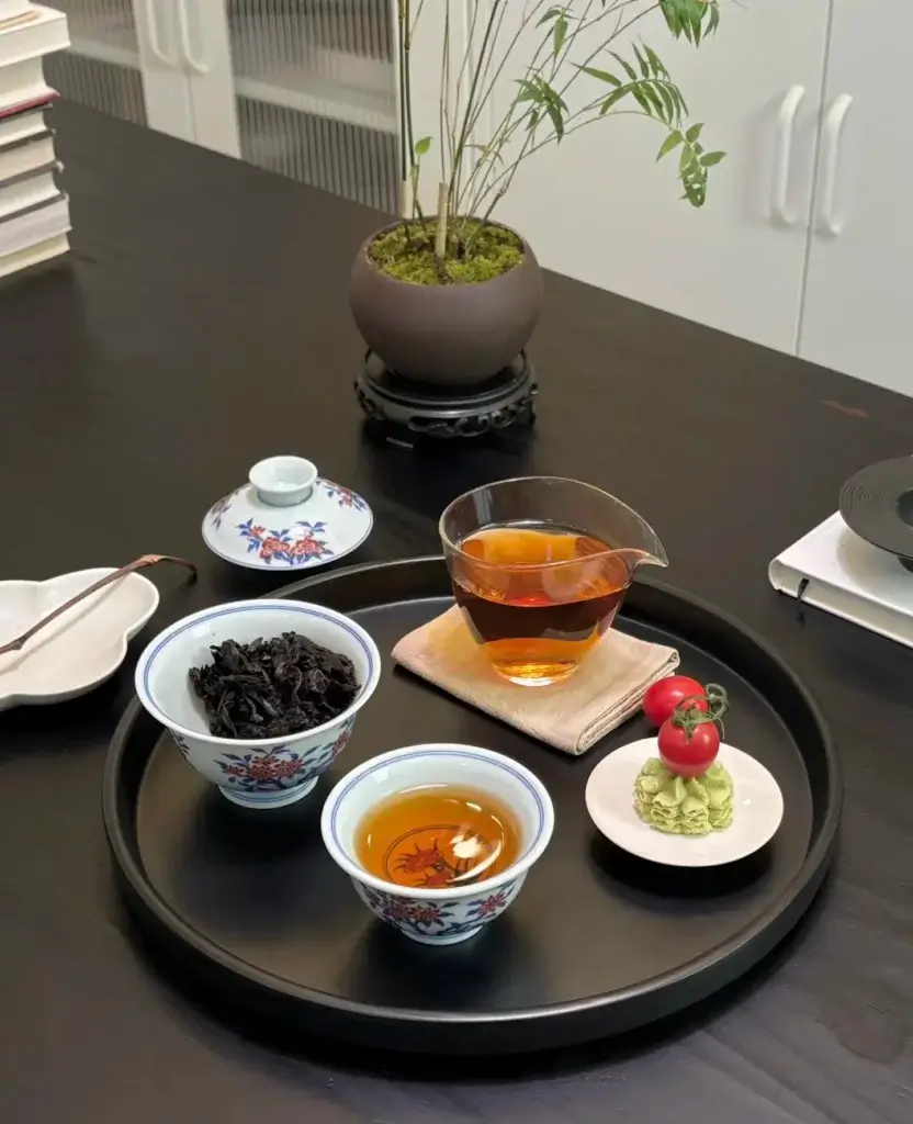 Handmade Chinese porcelain teacup set, minimalist calm tea scene with potted plant