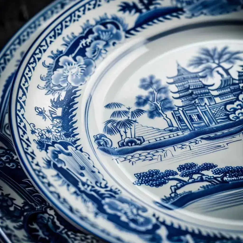 Close-up of hand-painted blue and white porcelain plate featuring traditional Chinese landscape, pagoda, and floral motifs, Jingdezhen craftsmanship