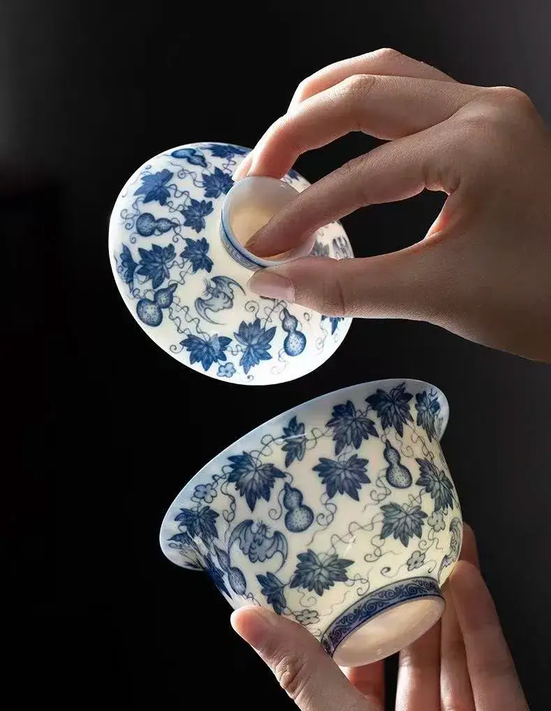 Thin translucent blue and white gourd gaiwan, handmade for beginner tea lovers