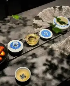 Jingdezhen blue and white tea set displayed on a modern tea table